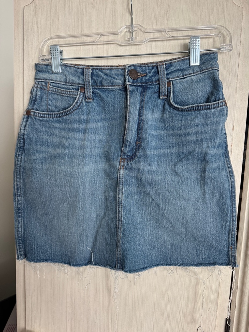 Wrangler Light Blue Denim Mini Skirt with Frayed Hem